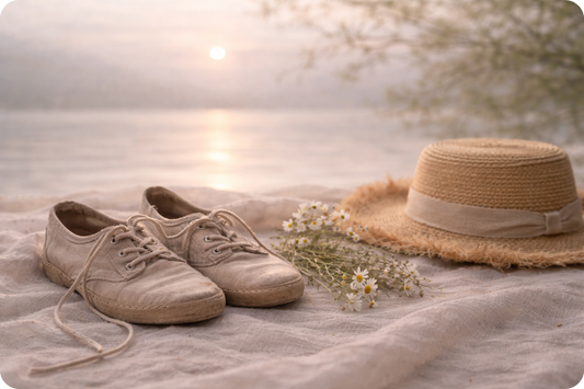 Reflections - Sunset on the Shore, Sun hat, Sneakers and Flowers, Calm Peaceful scene